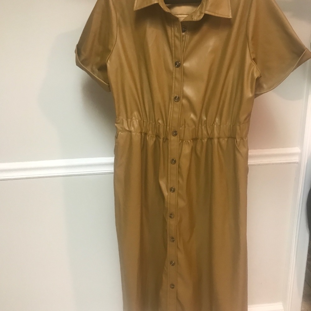 Faux leather button front dress with pockets.  Featured in who what wear 2021.